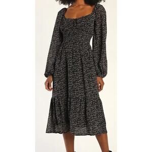 NWT Lulu’s Always Growing Black Floral Smocked Balloon Sleeve Midi Dress Large